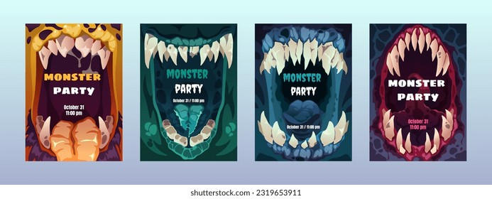 Creepy mouth posters. Cute scary monster lips teeth, colorful comic alien characters emotion for Halloween party invitation cove flyer. Vector set. Spooky creatures with frightening expression