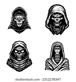 Creepy mummy hand drawn logo design illustration, perfect for Halloween events, horror themed projects, and spooky merchandise. Mysterious, eerie, and unforgettable.