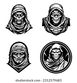 Creepy mummy hand drawn logo design illustration, perfect for Halloween events, horror themed projects, and spooky merchandise. Mysterious, eerie, and unforgettable.