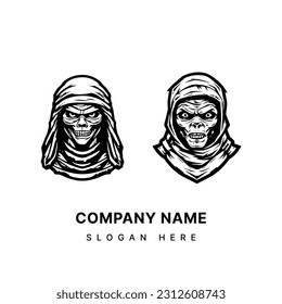 Creepy mummy hand drawn logo design illustration, perfect for Halloween events, horror themed projects, and spooky merchandise. Mysterious, eerie, and unforgettable.