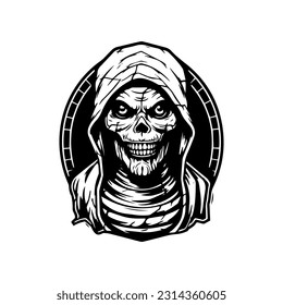 Creepy mummy hand drawn logo design illustration, perfect for Halloween events, horror themed projects, and spooky merchandise. Mysterious, eerie, and unforgettable.