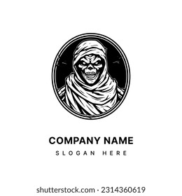 Creepy mummy hand drawn logo design illustration, perfect for Halloween events, horror themed projects, and spooky merchandise. Mysterious, eerie, and unforgettable.