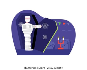 Creepy mummy standing in haunted graveyard with candlelight Halloween night. Character design. Vector flat illustration