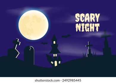 Creepy and mystical background. A terrible house, graves and crosses. The inscription for Halloween . Vector illustration. 
