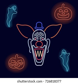Creepy neon smiling clown, ghosts and pumpkins, isolated on a dark background.