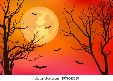 Creepy night background. Full moon and bats. Vector illustration.