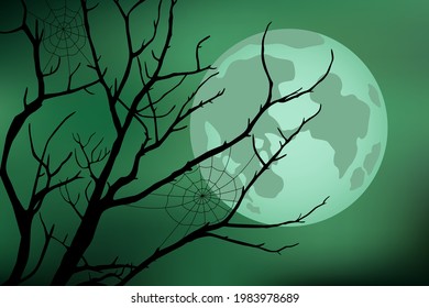 Creepy night background. Full moon and spiderweb on tree. Vector illustration.