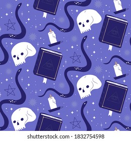 Creepy occult cartoon seamless pattern. Scary witchcraft background, halloween magic decoration in hand drawn style. Includes snake familiar, skull bone and witch spell book.