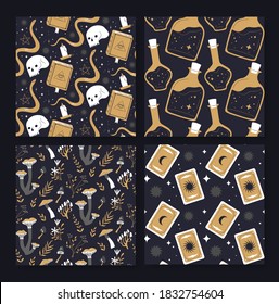 Creepy occult seamless pattern collection. Witchcraft element gold line background set. Halloween magic decoration in vintage hand drawn style for print, wrapping paper or fashion fabric.