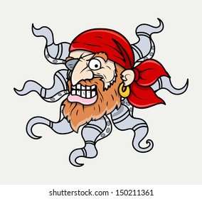 Creepy Octopus Head Pirate Creature - Vector Cartoon Illustration