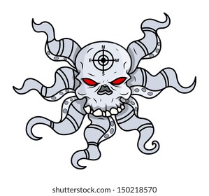 Creepy Octopus Head Skull - Vector Cartoon Illustration