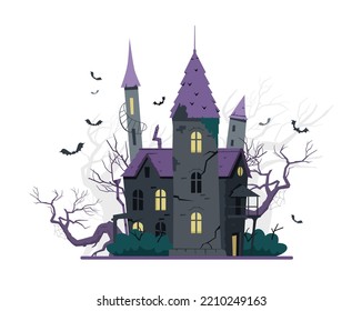 Creepy old castle with bats flying around Halloween vector illustration.