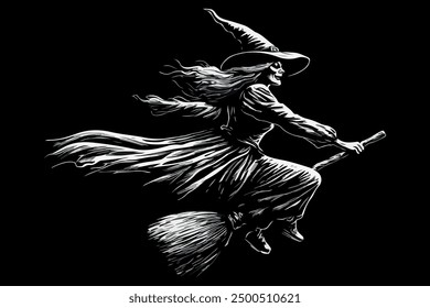 A creepy old witch flies on her broom to the Sabbath. Halloween festival concept, lighting fire, black background. Decorative element for the annual Halloween holiday.