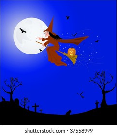 A creepy old witch flying over a forgotten graveyard