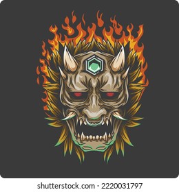 creepy oni demon mask vector illustration design on fire background