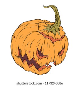 Creepy orange pumpkin with mug on white background