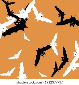 Creepy Orange Spooky Bats Vector Illustration. Print Scary Black Faces Halloween Art Illustration. Motion Funny Retro Attack Modern Style Simple Art. Grey White Chaos Light Flying Bats Art Pattern.
