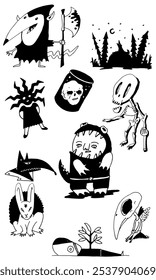 creepy pack of sketches of funny characters