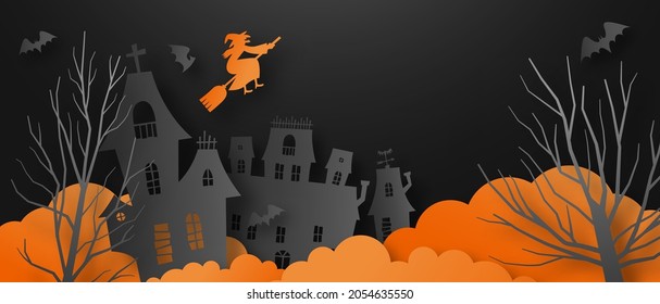 Creepy paper cut haunted house background. Scary abandoned buildings with bats, witch and empty copy space in 3d papercut art style. Halloween celebration concept, origami horror scene at night.