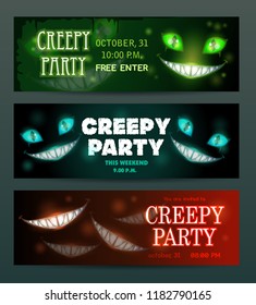 Creepy party banners layouts set. Vector scary night invitation design.