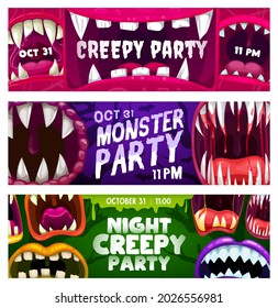 Creepy party night vector flyers with monster mouths. Halloween horror night event invitation cards with open toothy jaws with sharp teeth, dripping saliva, blood and tongues, cartoon banners set