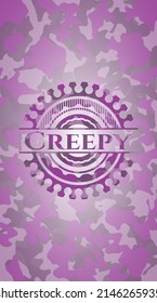 Creepy pink and purple written on a camo texture. Vector Illustration. Detailed. 