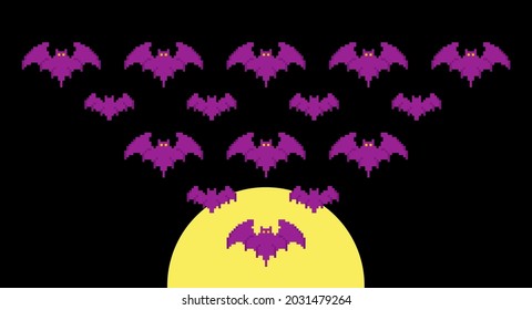 Creepy pixel art background with flock of bats. Halloween or gamer background with black night. Yellow moon and huge amount of vampire bats. Tons of creepy bats. Pixel art simple illustration. Vector.