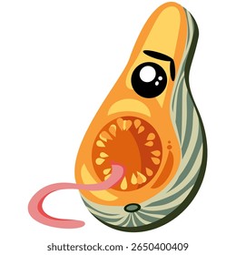 Abóbora de Halloween assustadora, mas brincalhona, com olhos grandes e língua longa. Ilustração vetorial engraçada para adesivos assustadores, convites para festas, decorações e design sazonal.