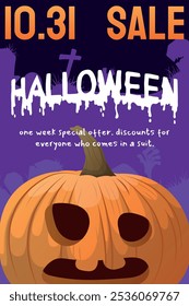 creepy poster for halloween celebration. a huge pumpkin with a scary face on a purple background. halloween lettering and printable text