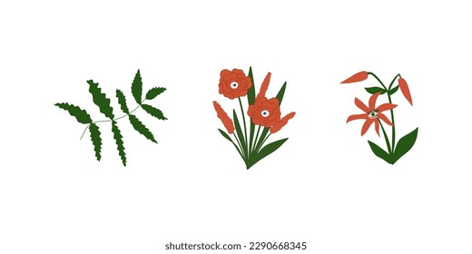 Creepy Predator Blossoms. Dangerous Tropical Flowers, Monster Plants Icons. Vector illustration isolated on white background.
