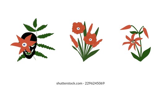 Der graue Raubfisch blüht. Gefährliche tropische Blumen, Monster-Pflanzen-Symbole. Vektorgrafik einzeln auf weißem Hintergrund.