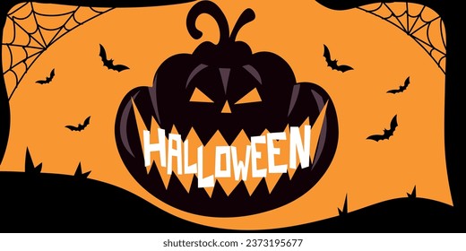 Creepy pumpkin, bats and word HALLOWEEN on orange background