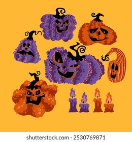 Creepy  pumpkin bunch, vector bundle of halloween Jack-o-lantern and candles