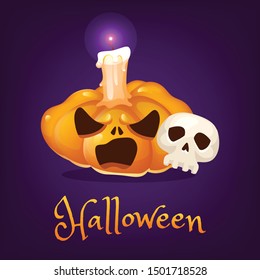 Creepy pumpkin cartoon illustration. Halloween carved lantern with evil smile, skull, candle and lettering isolated clipart. Scary realistic orange pumpkin sticker. Autumn holiday social media post