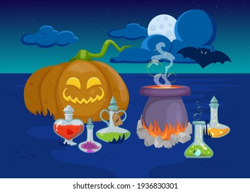 Creepy pumpkin, cauldron, bottles with potion, bat Halloween decoration. Spooky decor design. Flat vector illustration. Halloween holiday concept