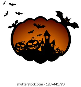 A creepy pumpkin with different figures inside, such as pumpkin,bats and a terrible house. Happy Halloween.