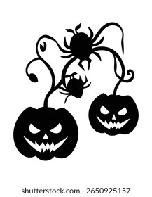 Rostos de abóbora assustadores com vinhas e aranhas Halloween Silhueta Vetor Arte