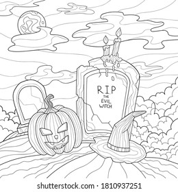 A creepy pumpkin, graves with cracks, the evil witch's hat, candles, sky, clouds and moon. Halloween funny hand drawn illustration on white isolated background. Suitable for coloring book pages.