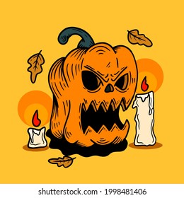 Creepy pumpkin halloween vector illustration. Holiday october, decoration, autumn, spooky, candle. Can be used for poster, brochure, greeting card, symbol sign and icon. Printable editable path.