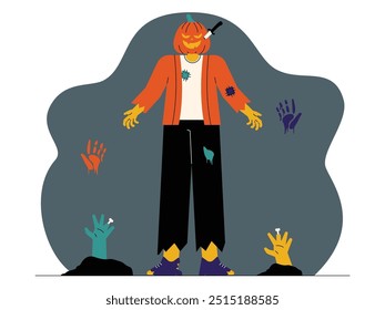 Creepy pumpkin head with knife stuck in it, corpse hand appearing on grave ground, spooky vector illustration.