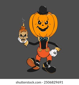 A creepy pumpkin headed Halloween character with a skull and a candle in his hand. Vector illustration in vintage style.