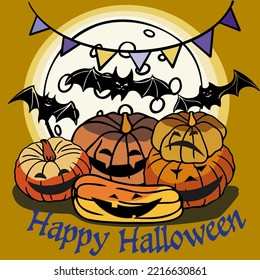 Creepy  pumpkin in the light of the full moon with bats and colored flags