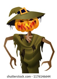 Creepy pumpkin scarecrow in hat. Halloween cartoon character flat vector illustration. Halloween party concept.