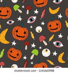 Creepy pumpkin seamless puttern with magical elements. Halloween theme. Great for wallpaper, party decor, greeting card design, textiles. Cartoon style. Hand drawn.