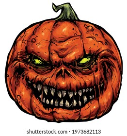 creepy pumpkin smiles with sharp teeth for halloween vector illustration sticker