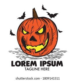 Creepy pumpkin vector illustration with flying bat, good for tshirt design haloween event