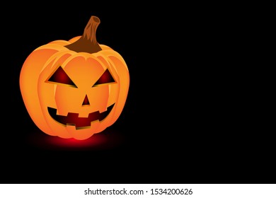 Creepy pumpkin vector illustration isolated on black background and free copy space for text or artwork. Styled horror Halloween pumpkin for spooky party decoration,  mock-up, web page design template