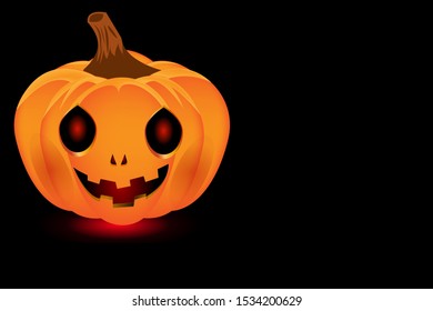 Creepy pumpkin vector illustration isolated on black background and free copy space for text or artwork. Styled horror Halloween pumpkin for spooky party decoration,  mock-up, web page design template