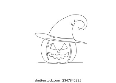 A creepy pumpkin wearing a hat. Halloween one-line drawing