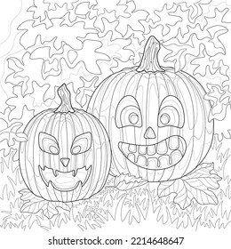 Creepy pumpkins with funny faces, maple leaves, grass and plants. Halloween autumn illustration on white isolated background. For coloring book pages.